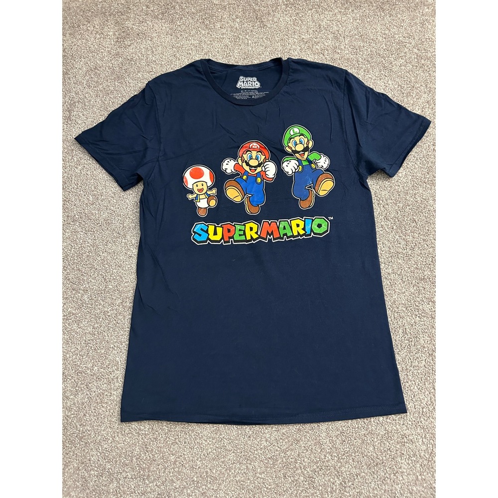 Nintendo Super Mario T-Shirt Mens Medium Blue Excellent Mario Luigi Toad Graphic